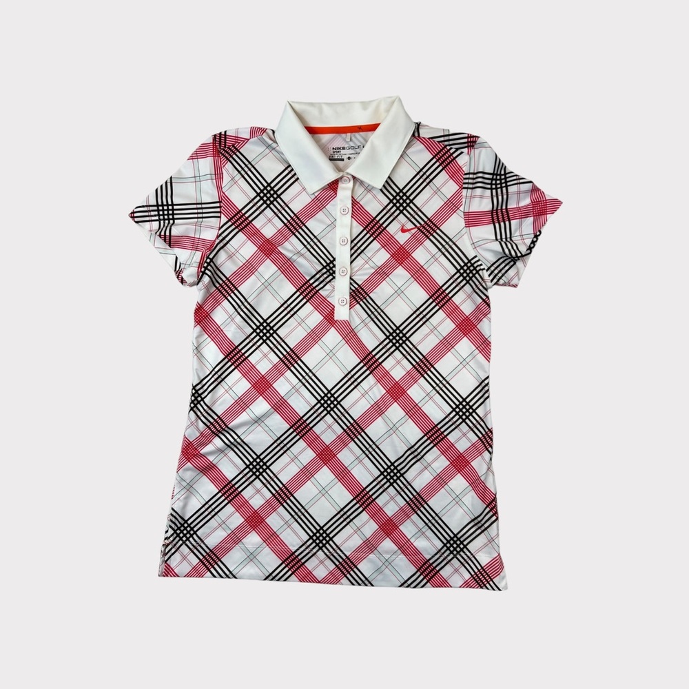 Nike Shirt Womens Medium Golf Polo Dri Fit Short Sleeve Stretch White Plaid